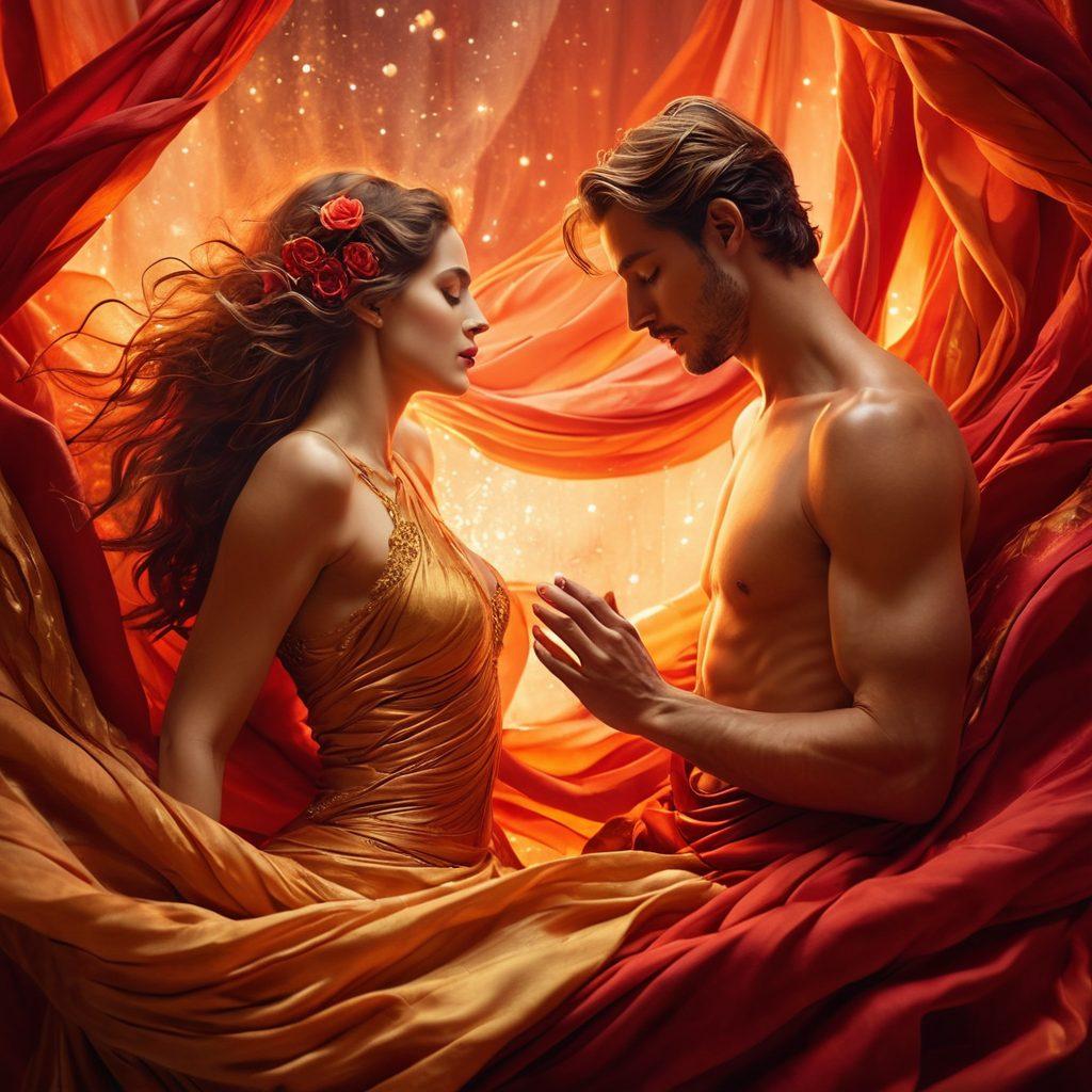 An ethereal scene of two intertwined figures surrounded by flowing fabrics that swirl with vibrant hues of red and gold, exuding sensual energy. Soft, diffused lighting casts a warm glow, illuminating delicate expressions of ecstasy and connection. Flourishing elements like roses and twinkling stars create an enchanting atmosphere, inviting the viewer to explore the depths of sensuality. dreamy surrealism. rich textures. warm colors.