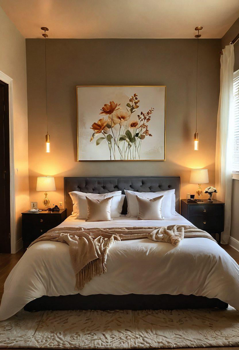 A serene bedroom setting bathed in warm, soft lighting, featuring an inviting bed adorned with plush pillows and delicate fabrics. Subtle hints of romantic decor like candles and flowers scattered throughout, evoking a sense of intimacy and warmth. In the foreground, two silhouettes gently intertwined, symbolizing connection and blissful intimacy. The overall atmosphere should exude tranquility and sensuality. super-realistic. warm colors. soft focus.