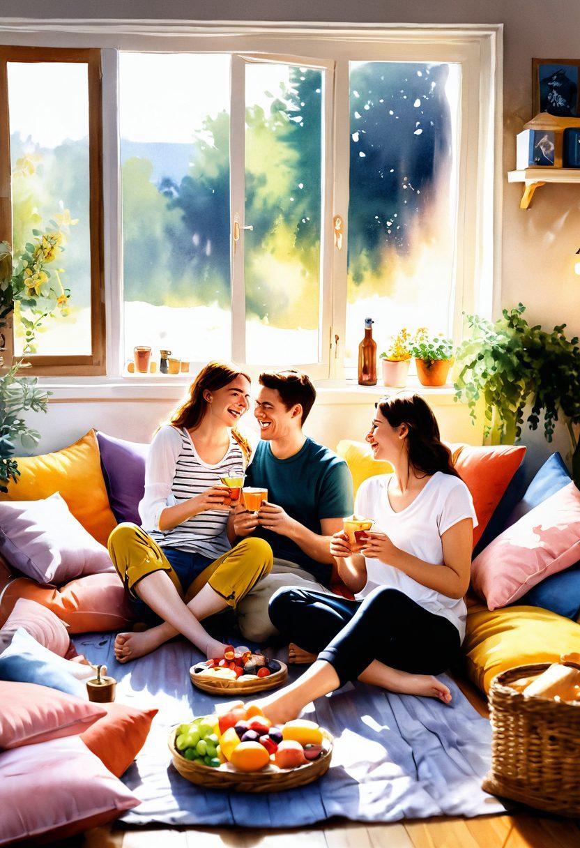 A cozy living room scene featuring a couple laughing and sharing a joyful moment over a beautifully arranged picnic on the floor, surrounded by soft cushions and warm fairy lights. The atmosphere is filled with vibrant colors of their favorite snacks and drinks, symbolizing a cheerful connection. Sunlight streams through a window, creating a blissful, intimate ambiance. watercolor painting. warm tones.